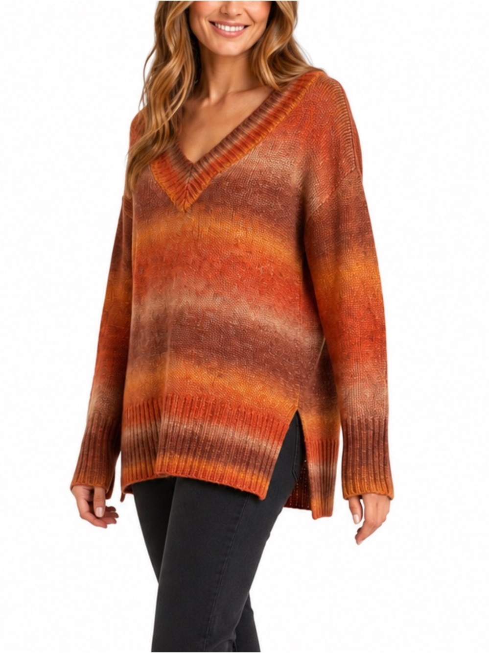 Ana A New Approach Size Large Ombre V-Neck Sweater Rust Brown Orange